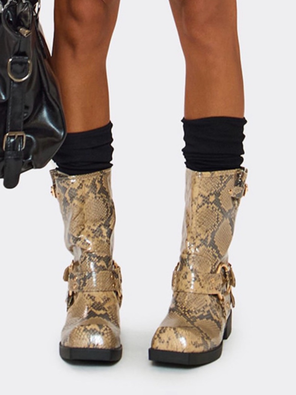 Womens Snake-Print Mid-Calf Combat Boots - Beige